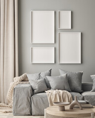 Mockup poster frame on the wall of living room. Luxurious apartment background with contemporary design. Modern interior design. 3D render, 3D illustration