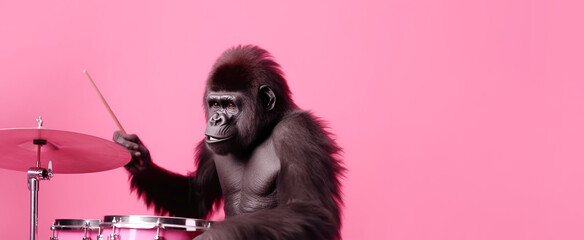 Gorilla plays the drums on a pink background. Banner, copy space. AI generation