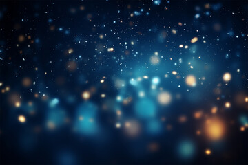 Fototapeta premium Glowing particles on dark blue background, flying glitter, technology abstract blurry banner design