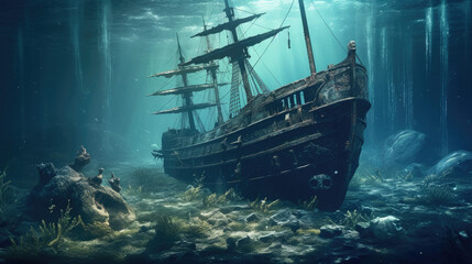 Shipwreck at the bottom of the ocean - obrazy, fototapety, plakaty