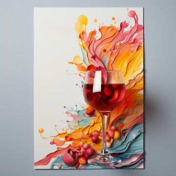 Colorful paint and sip watercolor mixed media canvas with red wine glass. Wine and paint event poster