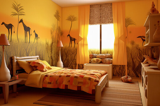 African-inspired kid's bedroom with giraffe mural, savannah theme, and vibrant colors