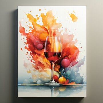 Colorful paint and sip watercolor canvas with red wine glass 