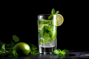 Mojito summer refreshing cocktail with ice and mint on black background. AI generated