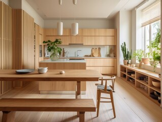 Contemporary wooden dining room and kitchen. Generative AI