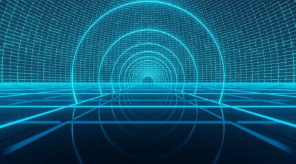 Virtual reality interior background glowing empty arched pass 3d render