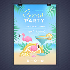 Summer disco party poster with 3d  blue lagoon cocktail and flamingo. Colorful summer beach scene. Vector illustration