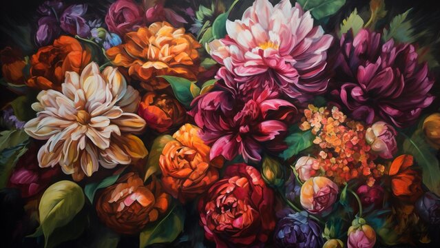 Old Painted illustration of blossoming flowers. Generative AI