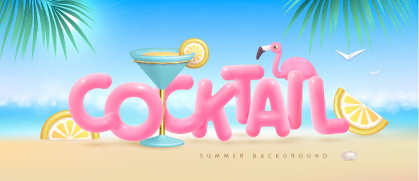Summer beach background with 3d letters and cocktail blue lagoon. Colorful summer scene. Vector illustration