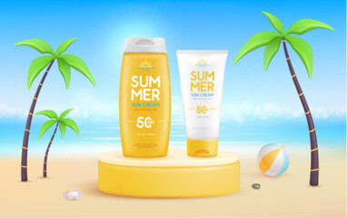 Fototapeta premium Summer beach background with 3d stage and set of sunscreens. Colorful summer scene. Vector illustration