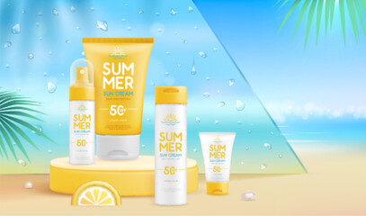 Summer beach background with 3d stage and set of sunscreen creams. Colorful summer scene. Vector illustration