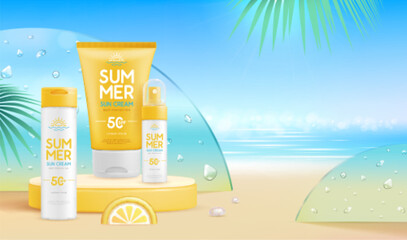 Summer beach background with 3d stage and set of sunscreen creams. Colorful summer scene. Vector illustration