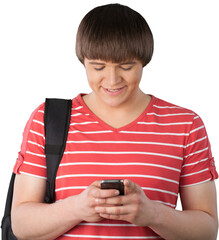 Portrait of smiling student man with backpack isolated on white background