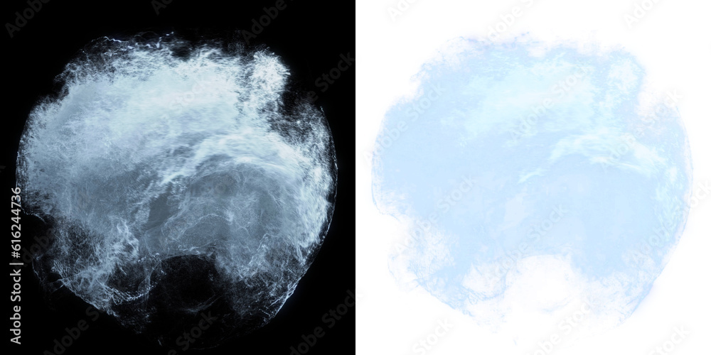 Poster dynamic water splash, fluid in motion. splashing fluid and foam particle effect , orb-shaped on a bl