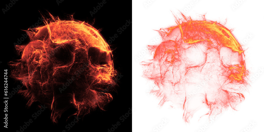 Poster fiery particle orb, orb-shaped effect with fiery particles, creating a blazing visual display on a b