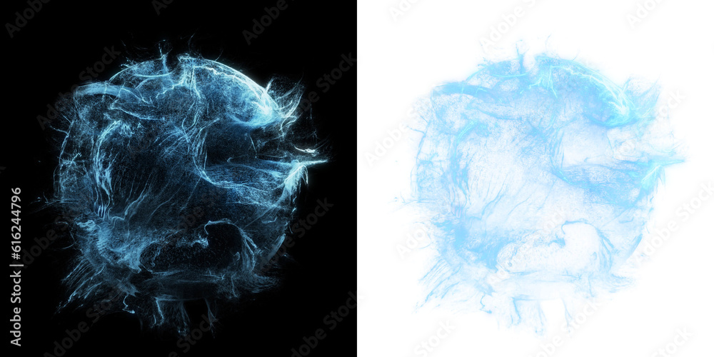 Wall mural sphere-shaped particle effect with blue swirling particles on a black and transparent background. pe