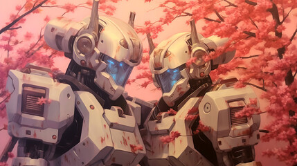 a soft painting of two white robots in a Japanese pink cherry forrest