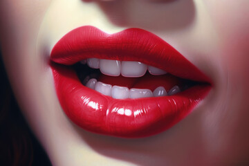 Close up view of beautiful woman lips with red glossy lipstick. Open mouth with white teeth. Cosmetology or fashion makeup concept. Beauty studio shot. Generative ai