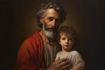 Saint Joseph St. Joseph with Jesus Christ, the Patron Saint of the Catholic Church. San Jose. Generative ai. Patron Saint of Fathers, Workers