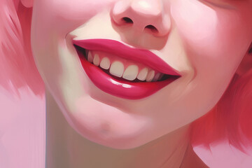 Close up view of beautiful smiling female lips with pink glossy lipstick. Open mouth with white teeth. Cosmetology or fashion makeup concept. Beauty studio shot. Generative ai