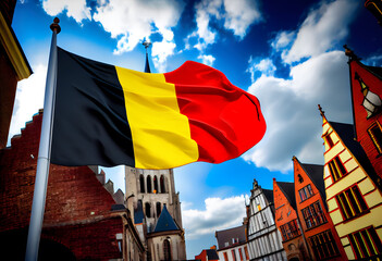 The Belgium Flag waving on the sky background in traditional Belgium town near the castle