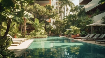 Pool in tropical atmosphere of a hotel in contemporary architecture