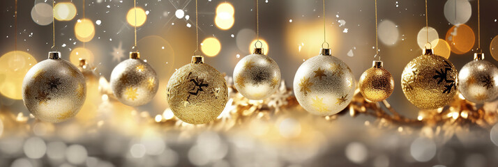 Christmas background with gold and silver baubles on bokeh lights