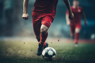 soccer football player hits the ball on the field