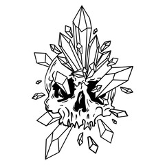 Skull overgrown with crystals, gemstones and jewels. Goth illustration for print and design. Vector isolated on background.