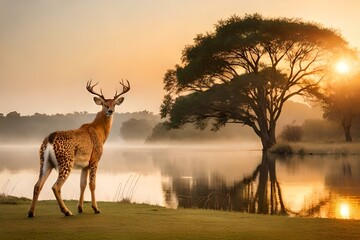 deer with tiger skin in the sunset generated AI