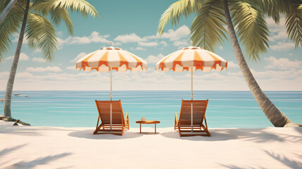 lounge chairs on the beach. sunbath by a tropical sun under the palm trees and umbrellas