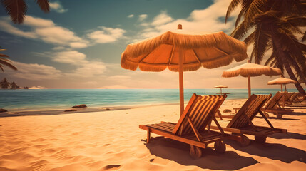 lounge chairs on the beach. sunbath by a tropical sun under the palm trees and umbrellas