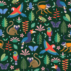 Vector seamless tropical pattern with rainforest stylized jungle animals, leaves and flowers on dark background. Bright flat surface pattern design.