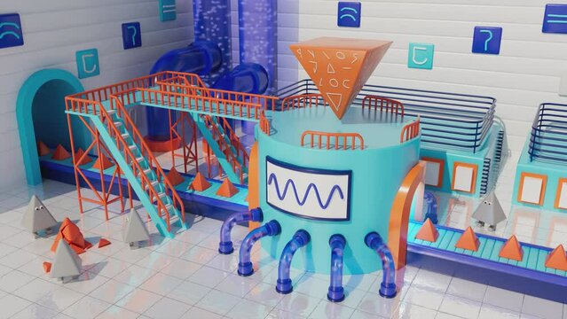 Futuristic cartoon factory. 3d animation