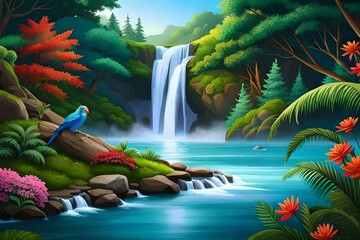  serene mountain beside a mesmerizing waterfall that sparkles with a kaleidoscope of colors. 