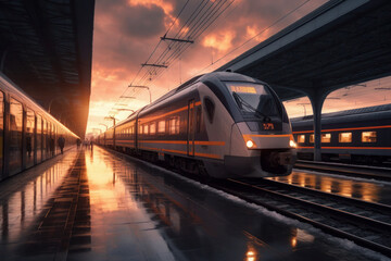 Fototapeta premium High train on the railway station at sunset. modern passenger train on railway platform. generative ai, ai generative