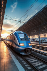 High train on the railway station at sunset. modern passenger train on railway platform. generative ai, ai generative