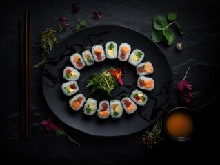 Top view of delicious sushi rolls on black table, Japanese food. Generative AI