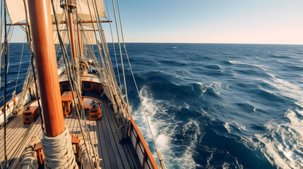 A wooden sailing ship gracefully cutting through the deep blue waves of the open ocean, with a clear sky
