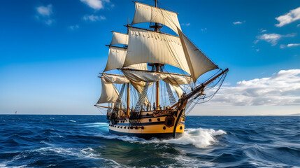 A wooden sailing ship gracefully cutting through the deep blue waves of the open ocean, with a clear sky