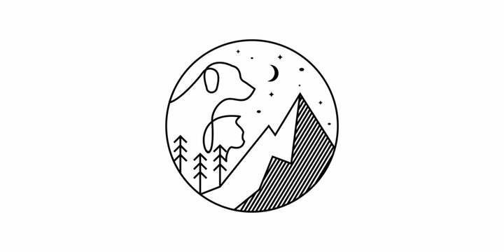 mountain pet logo animal care circular lineart outline icon symbol vector illustration. label stamp logo design.