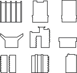 Set of architectural buildings icons. Modern architecture. Images of buildings in the lines. Black and white icons of houses. Architectural elements for deco