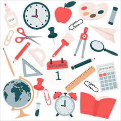 School supplies for the first of September in the style of doodle, isolated on a white background. Collection of doodles school items, office stationery.