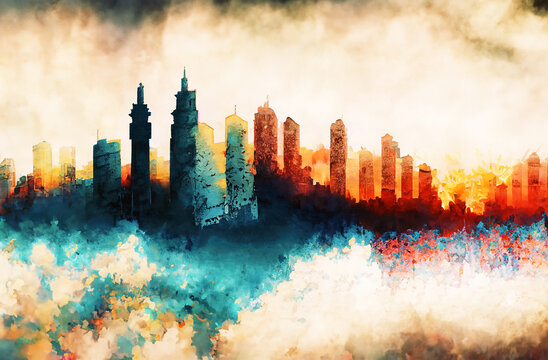 illustrazione generative ai con veduta di skyline di immaginaria citt&agrave; in forma di sagome di colori diffusi e vividi