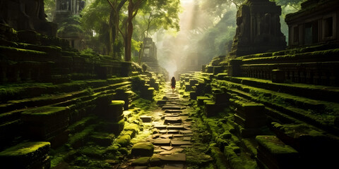Obraz premium Exploring an Ancient Temple, bathed in golden light, amidst lush greenery,