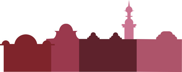 Silhouette of the old town. Urban landscape in pink hues. Silhouette of the castle. Ancient architecture. Fabulous pink background from buildings. Panorama of the city in the fog