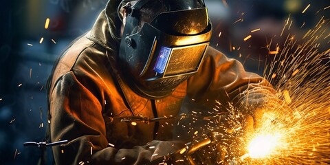 Close-up shot of welding sparks flying, depicting the skill and precision required in industrial craftsmanship. Generative ai.