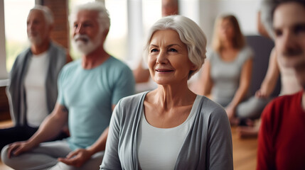 yoga class with a group of elderly people learning new poses and exercising mindfulness and positivity