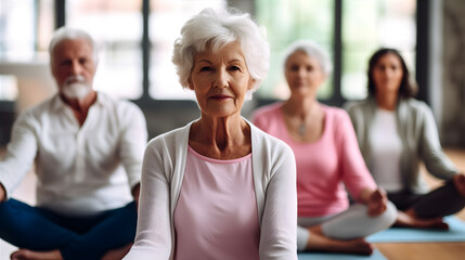 yoga class with a group of elderly people learning new poses and exercising mindfulness and positivity