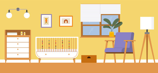 Modern interior design of the children's room. A room with a cradle for a newborn. Flat vector illustration